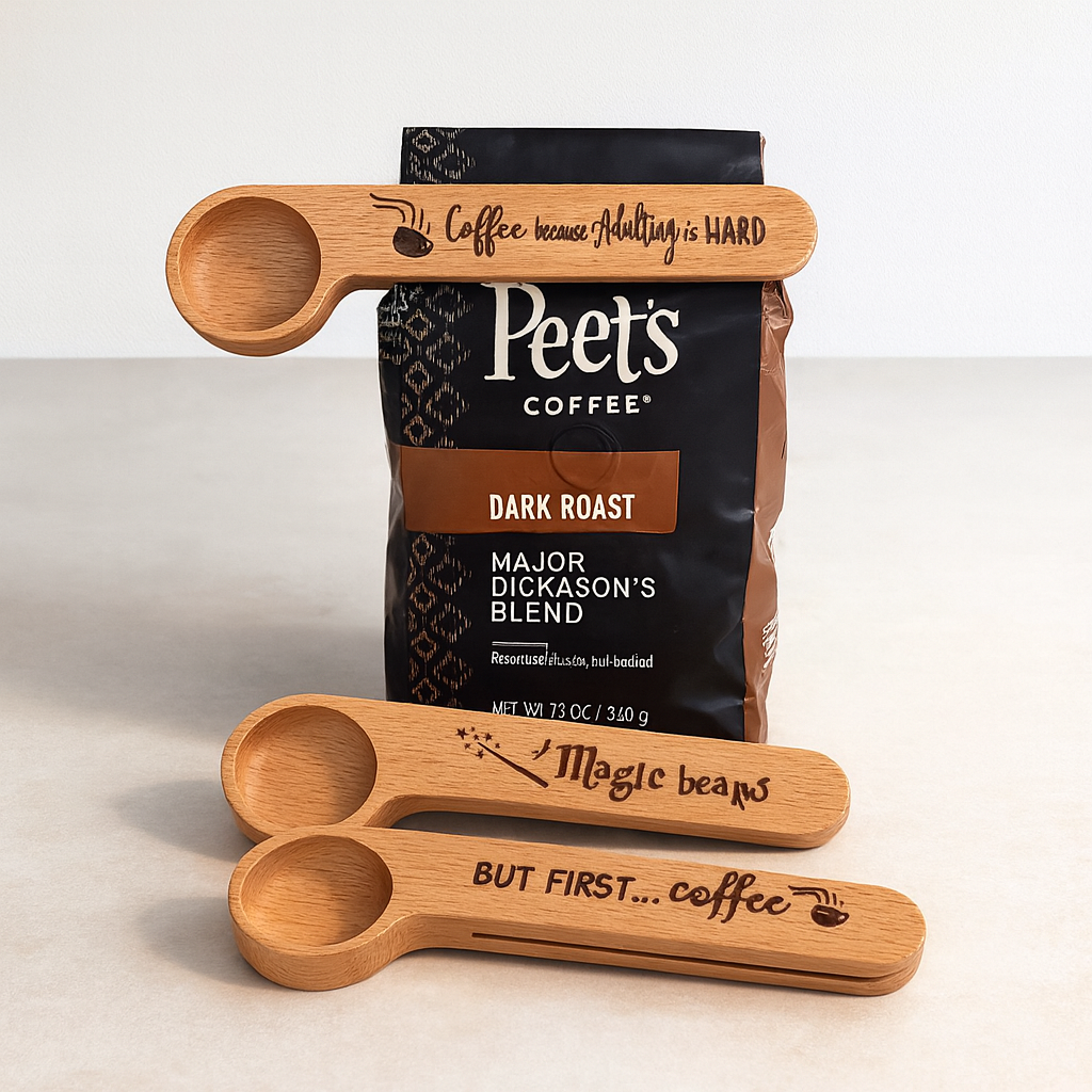 Peet's Coffee bag with wooden measuring spoons on a white background