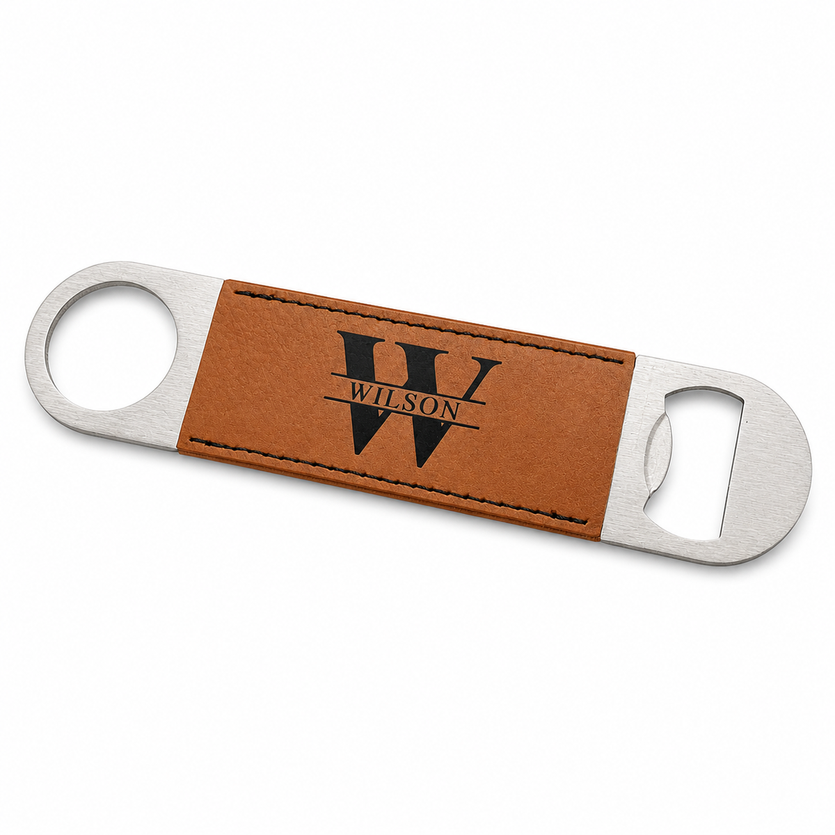 Leather wrapped bottle opener with custom engraved "W" on a white background.
