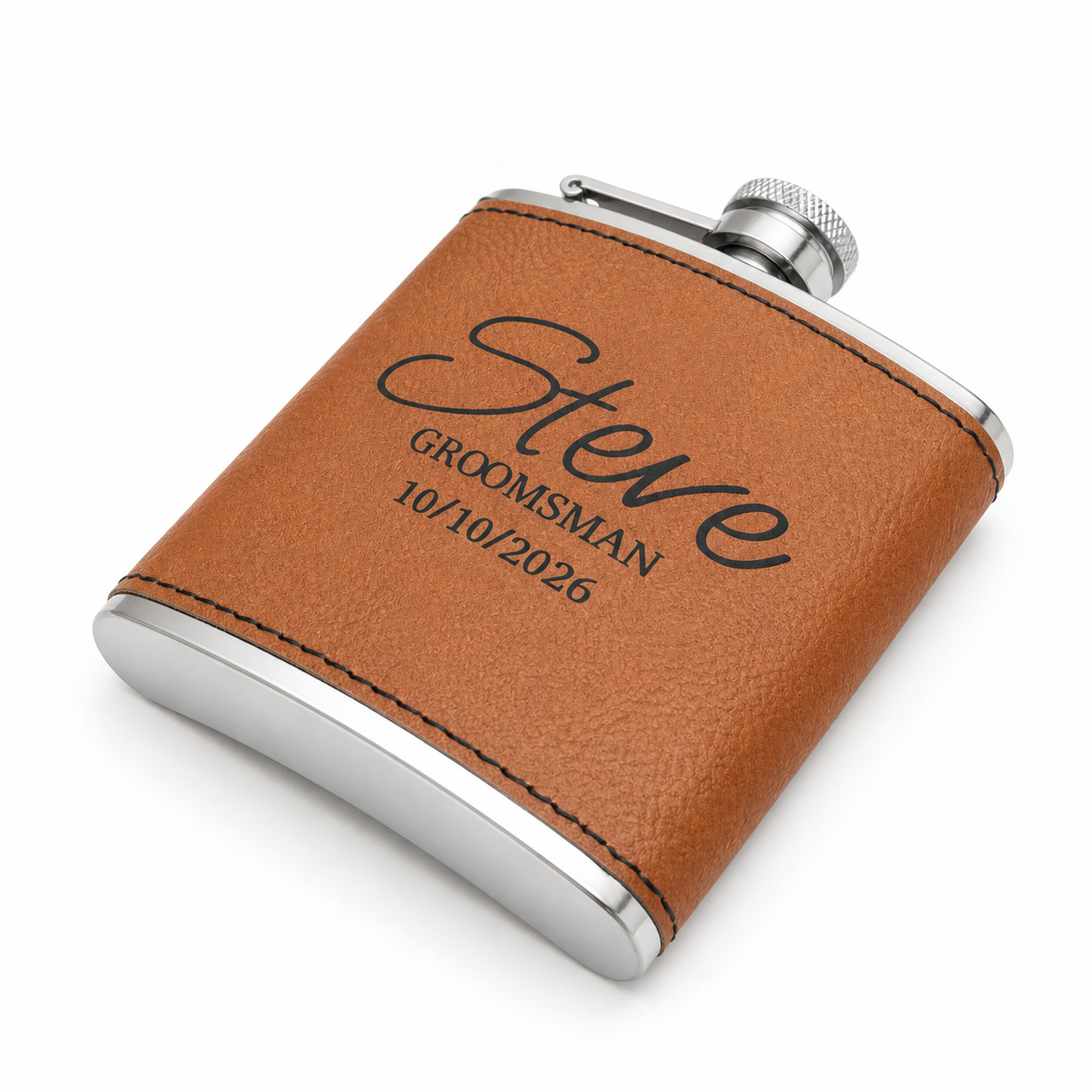 Brown leather flask with engraved text on a white background