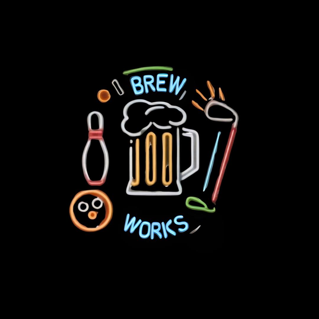 Neon sign with beer mug, bowling ball, and text 'Brew Works' on a black background