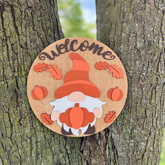 Fall Gnome with pumpkins wooden welcome sign