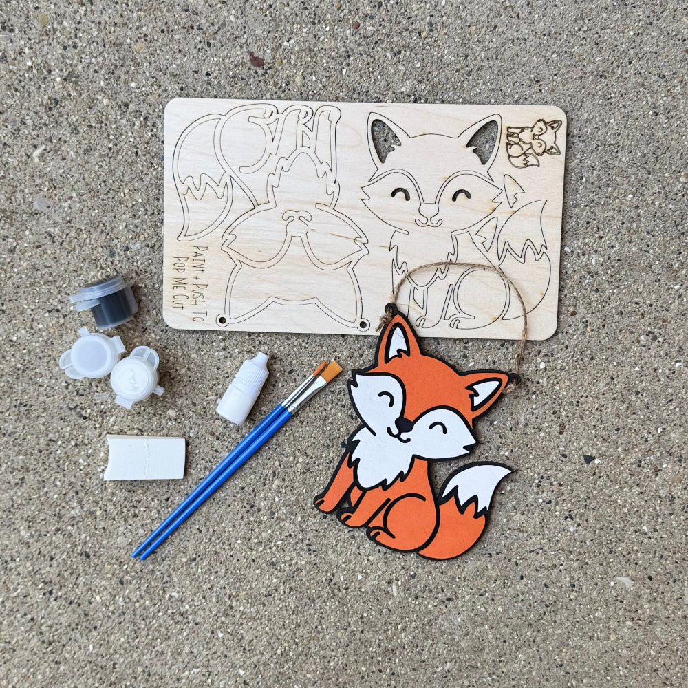 Wood fox hanger pop out kit with orange, black, and white paint