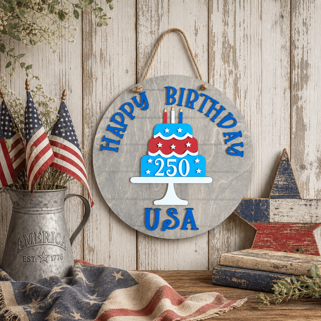 Decorative sign with 'Happy Birthday 250 USA' on a wooden background with American flags.