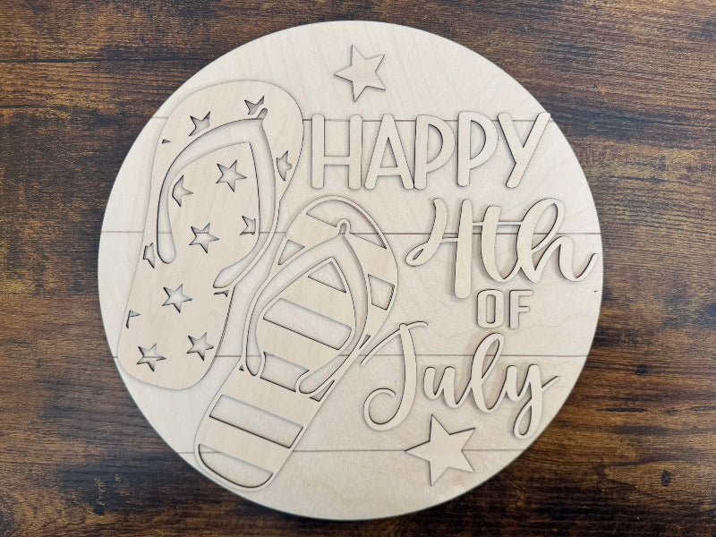 Wooden blank sign with 4th of July flip flops
