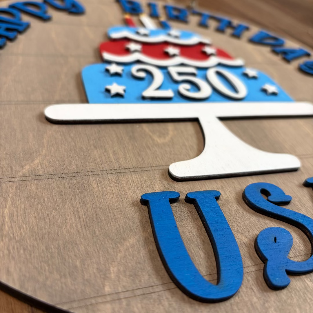 3D wood sign with Happy Birthday America designed to paint at a workshop in Fremont Michigan