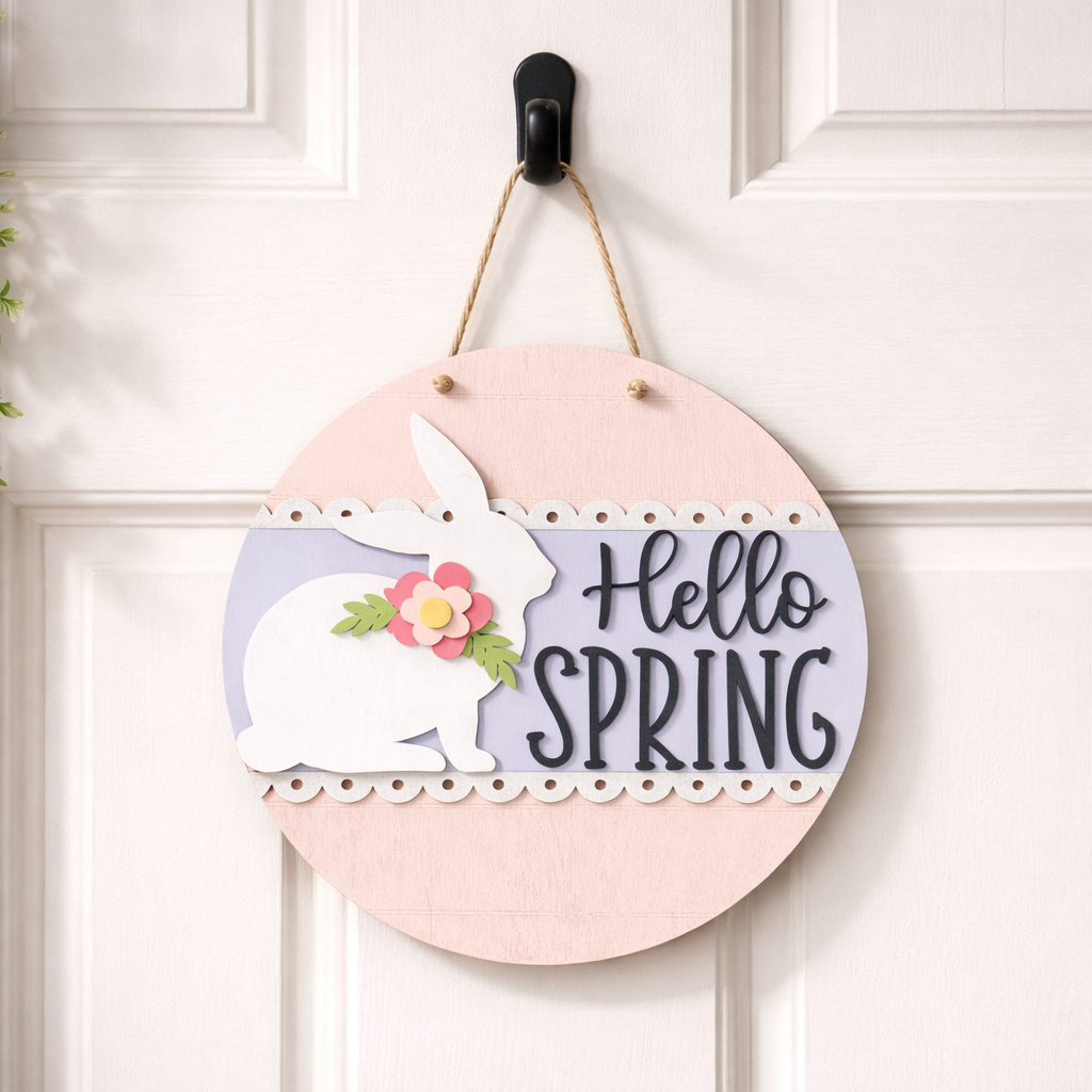 Decorative 3D wood sign with a bunny and flowers on a pink background, hanging on a white door.