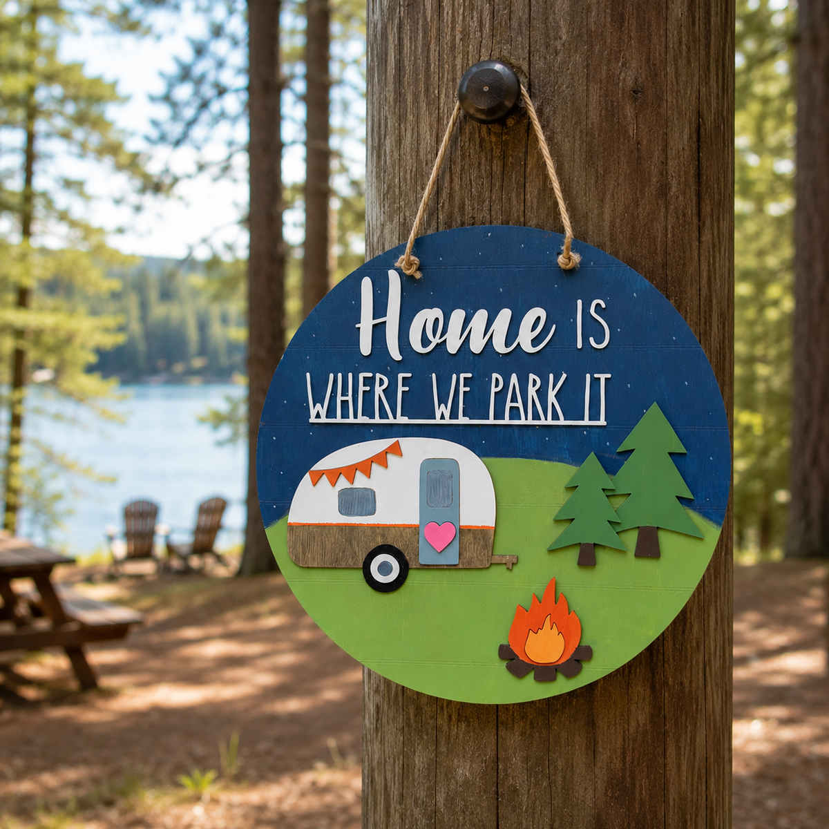 Round wooden hanging sign with the phrase “Home is where we park it” in white lettering on a dark blue background, decorated with a retro camper, green trees, and a campfire on a grassy green section. The sign is shown hanging from a wooden post in a forest campsite setting with a lake in the background.