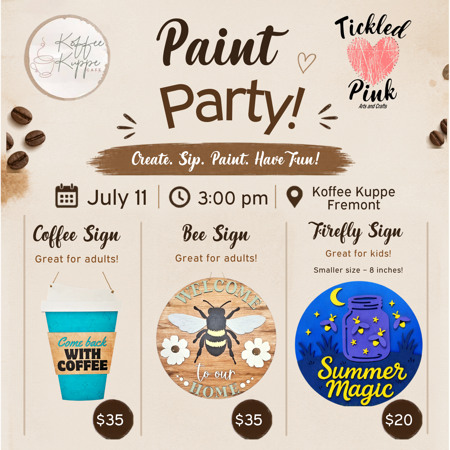 Promotional flyer for a Paint Party event with coffee-themed signs.