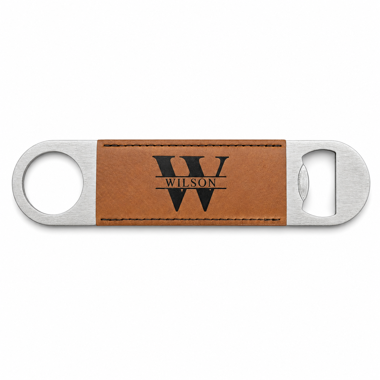 Leather wrapped bottle opener with custom engraved "W" on a white background.