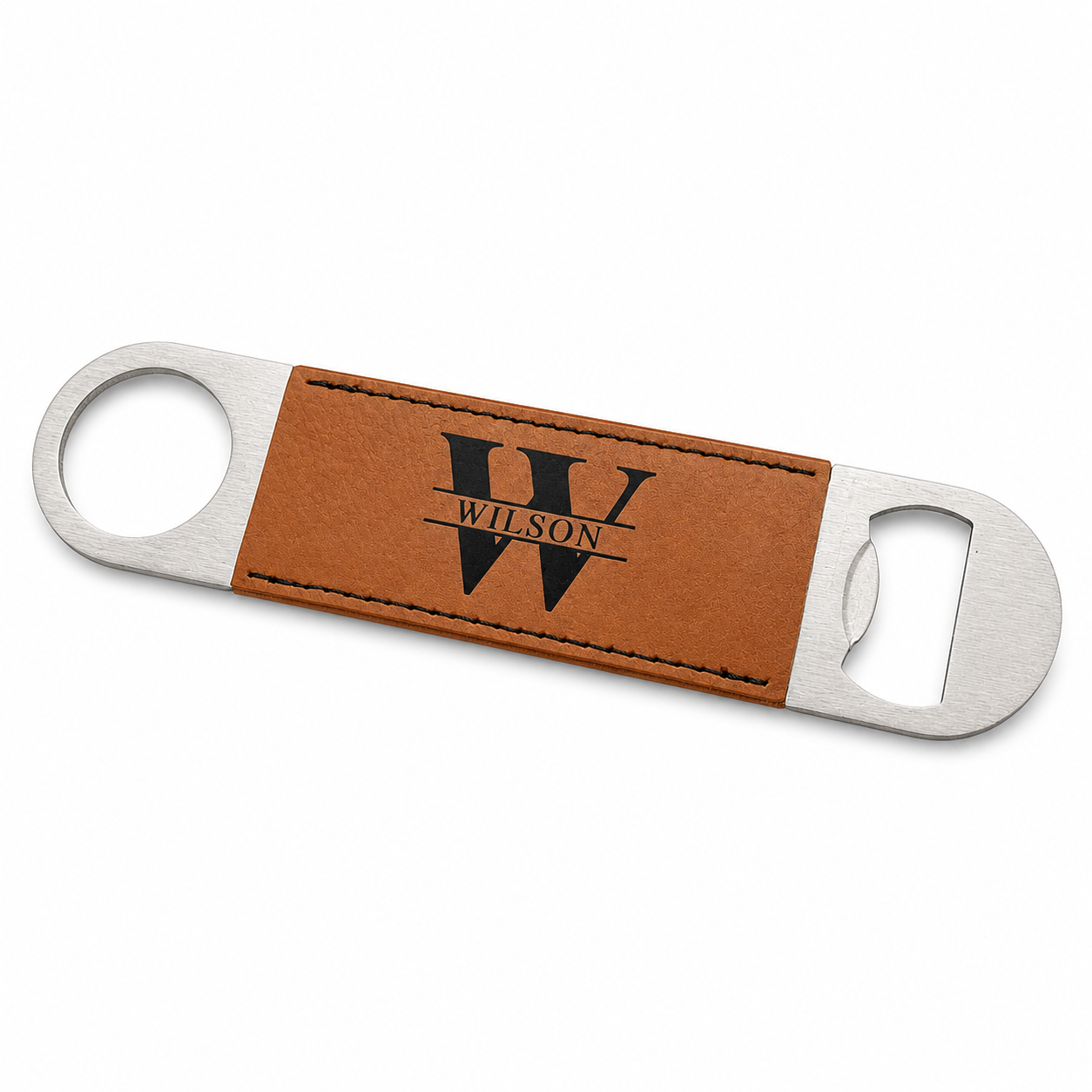 Leather wrapped bottle opener with custom engraved "W" on a white background.