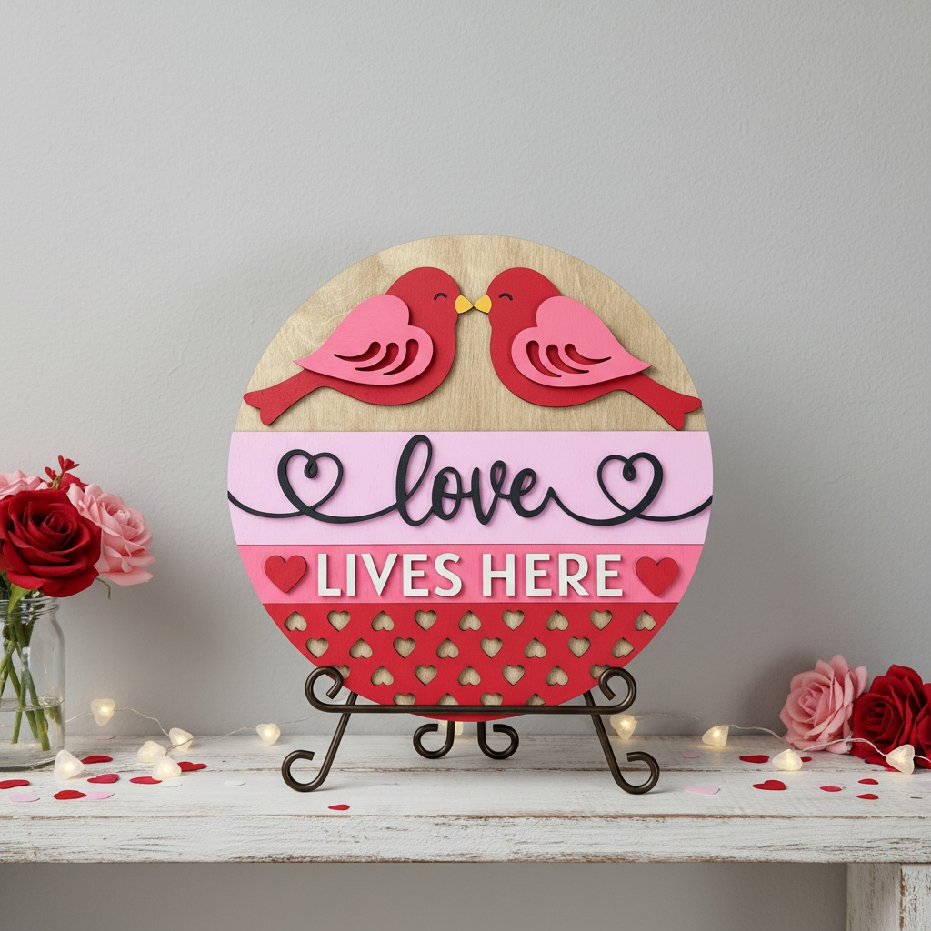 Decorative 3D wooden sign with two birds, 'love lives here', on a stand with flowers and lights in the background. 