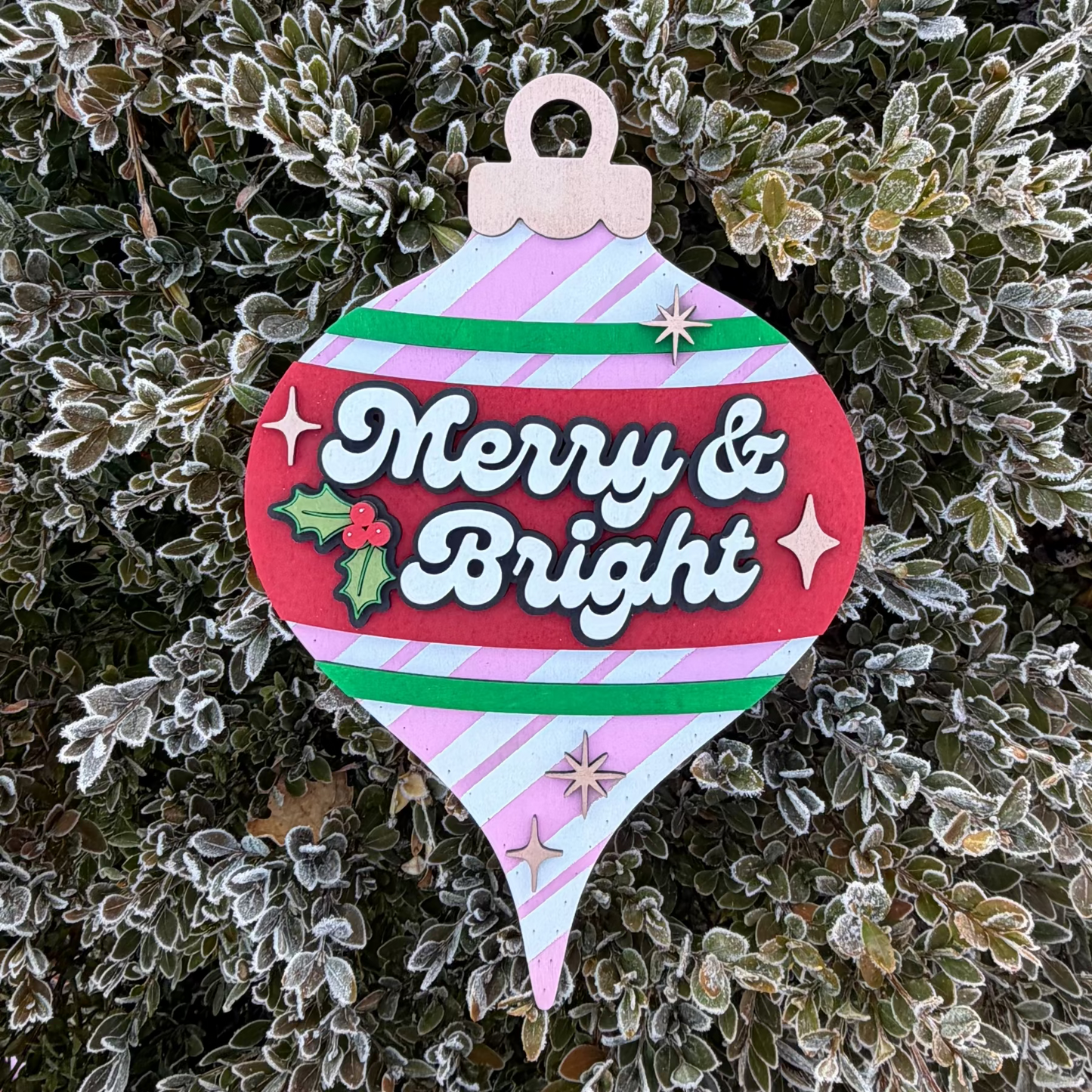 Decorative wood ornament wall hanger with 'Merry & Bright' text hanging on a frosty tree branch.