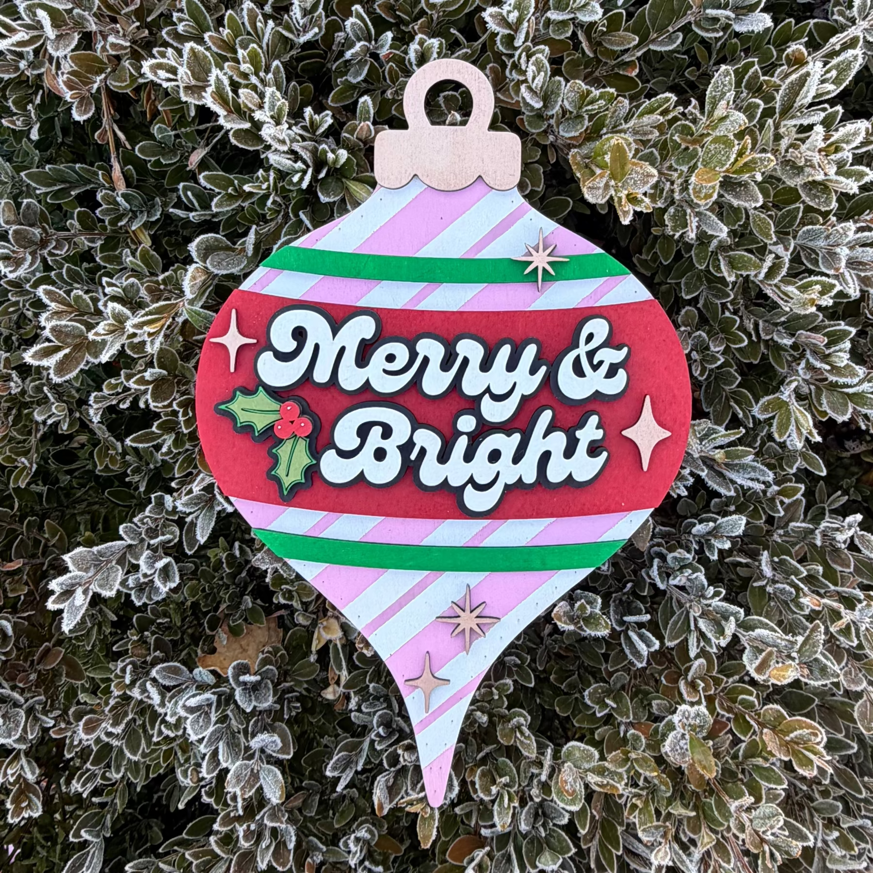 Decorative wood ornament wall hanger with 'Merry & Bright' text hanging on a frosty tree branch.