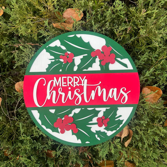 Merry Christmas DIY sign with mistletoe and holly berries