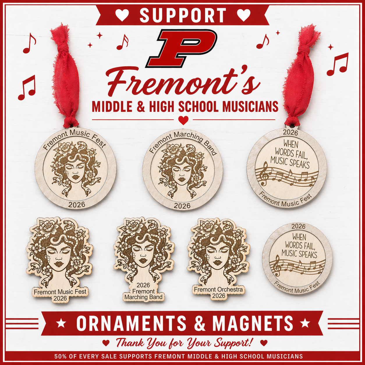 Fundraiser Magnets and Ornaments for 2026 Fremont Musicians!