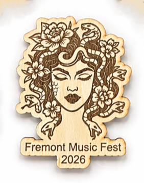 Wooden magnet with a design of a woman's face and flowers, featuring 'Fremont Music Fest 2026' text.