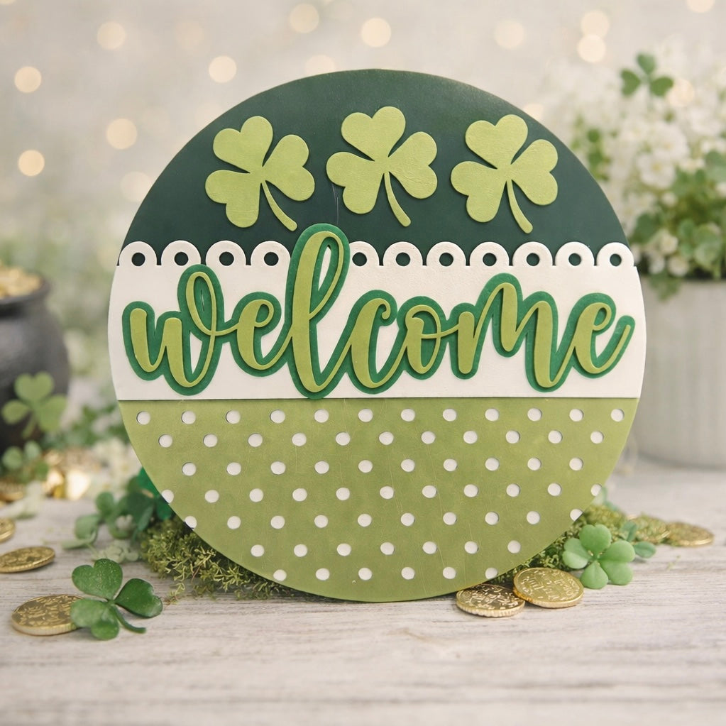 Decorative sign with shamrocks and 'welcome' text on a polka dot background.