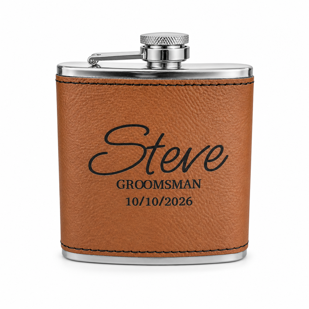Brown leather flask with 'Steve Groomsman 10/10/2026' engraving on a white background