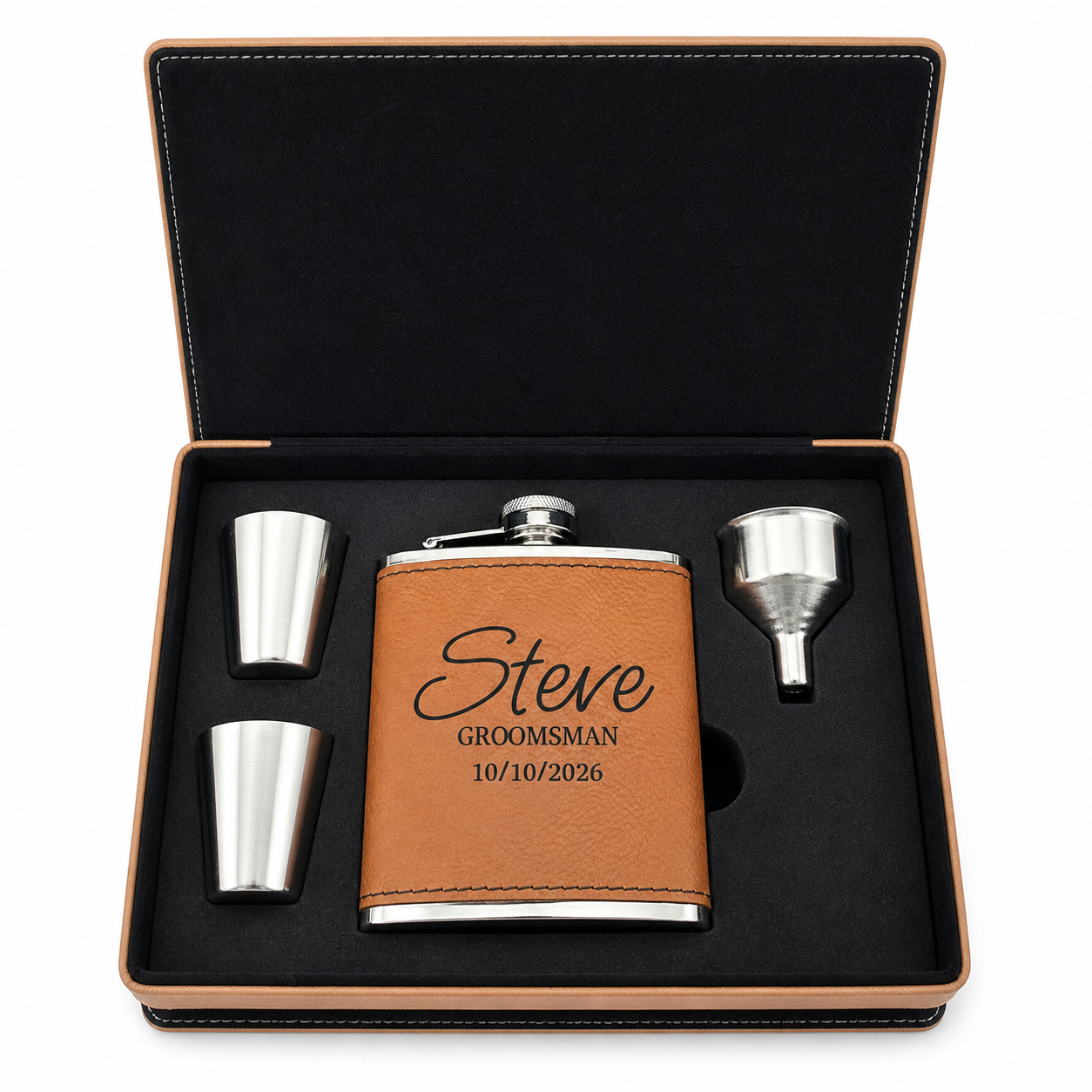 Brown leather flask set with 'Steve Groomsman' engraving in a black box.
