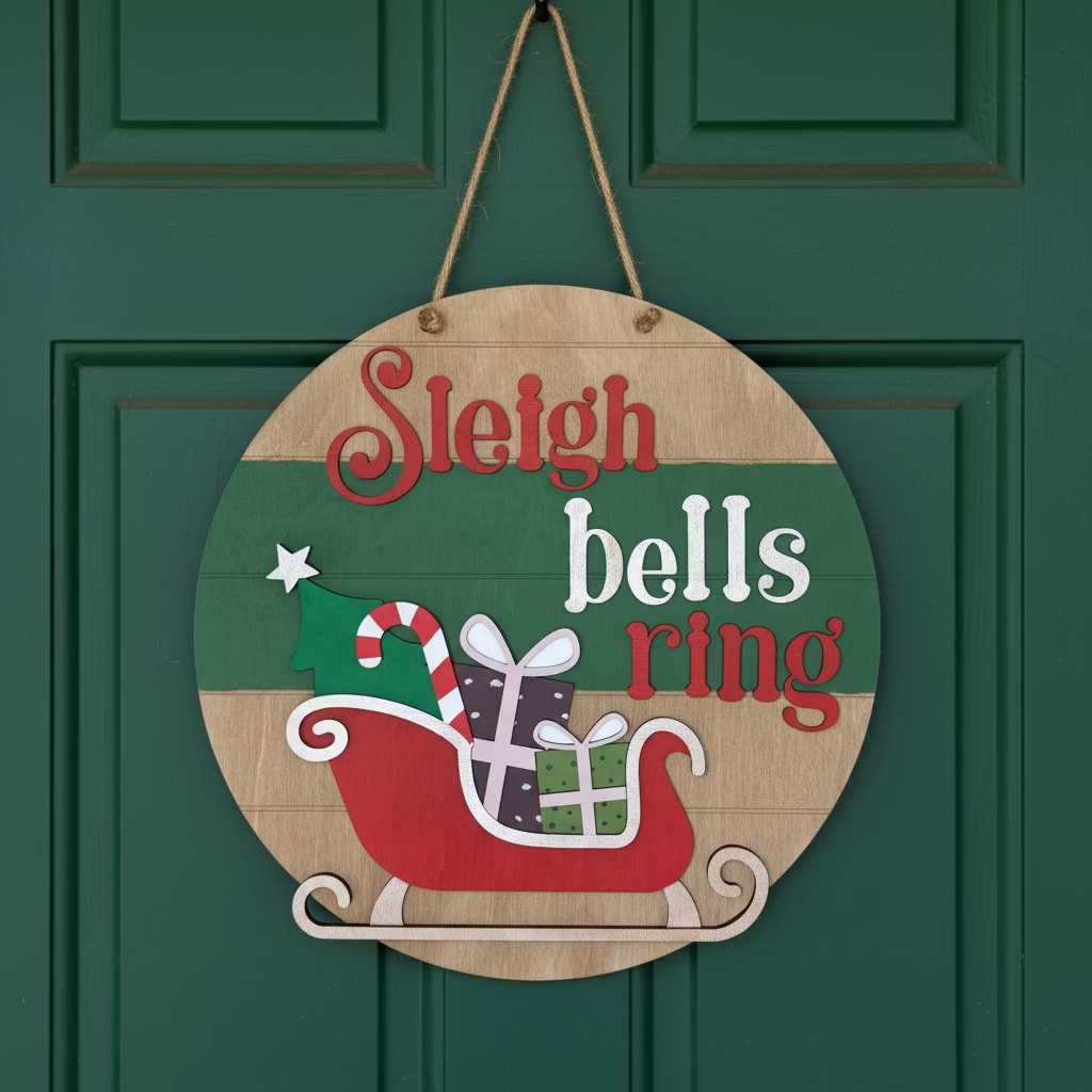 Round wooden Christmas decoration with 'Sleigh bells ring' text and a sleigh design on a wooden background.