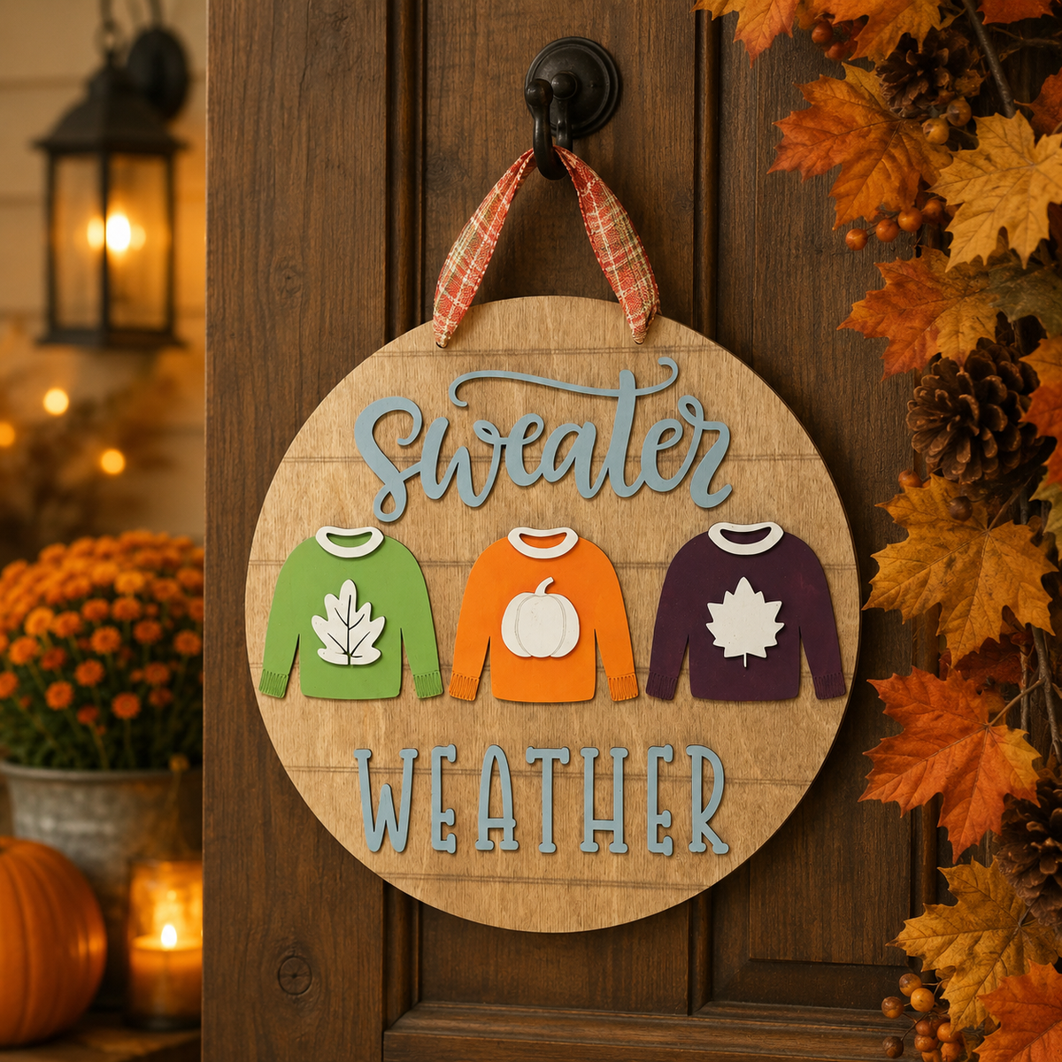 Round wooden hanging sign with a plaid ribbon loop, featuring the words 'Sweater WEATHER' and three sweater illustrations in green, orange, and purple with autumn-themed leaf, pumpkin, and maple leaf motifs. The sign is displayed on a dark wood door decorated with fall leaves, a lantern, and pumpkins.